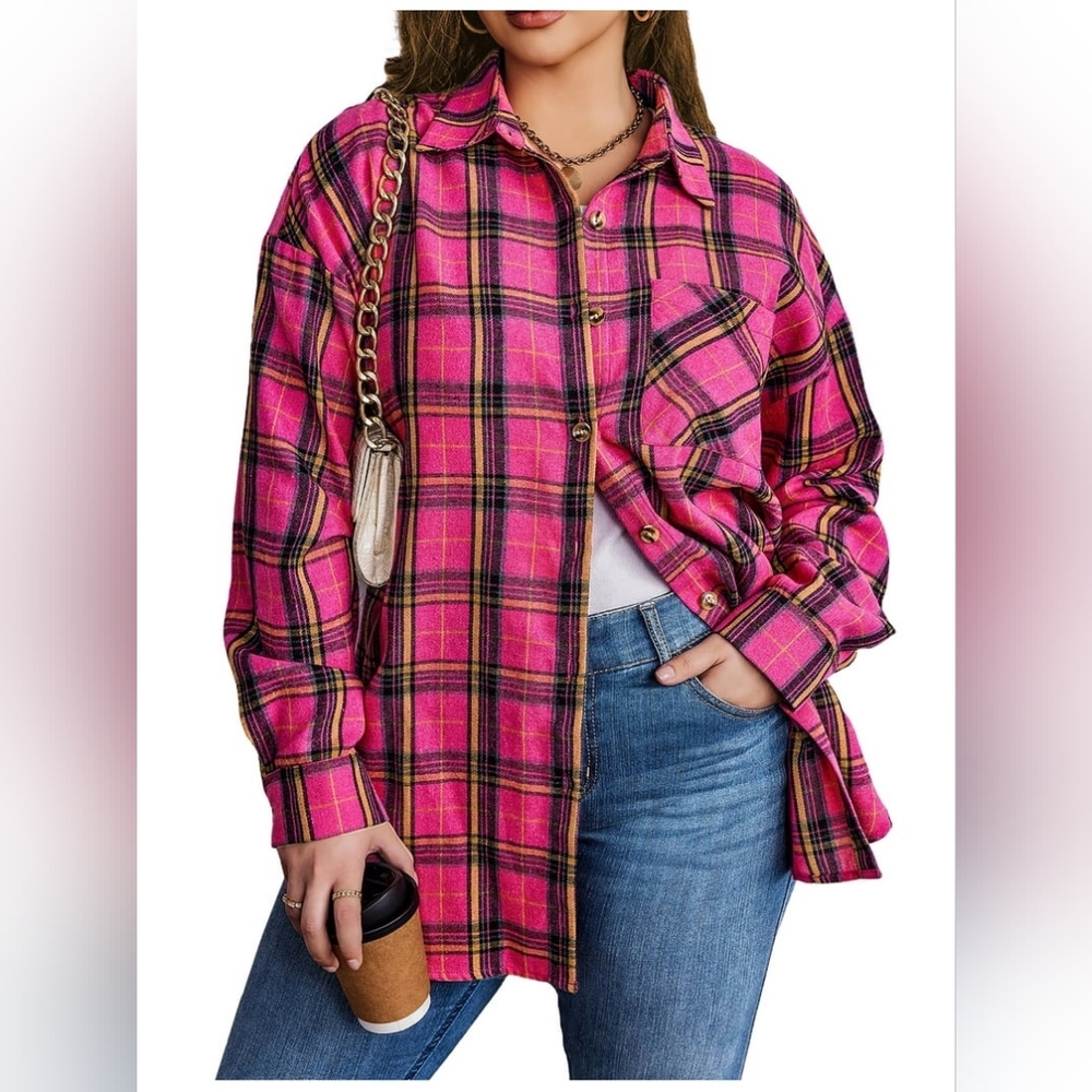 Pink Plaid Women's Button-Up Shirt L NWOT - Picture 2 of 3